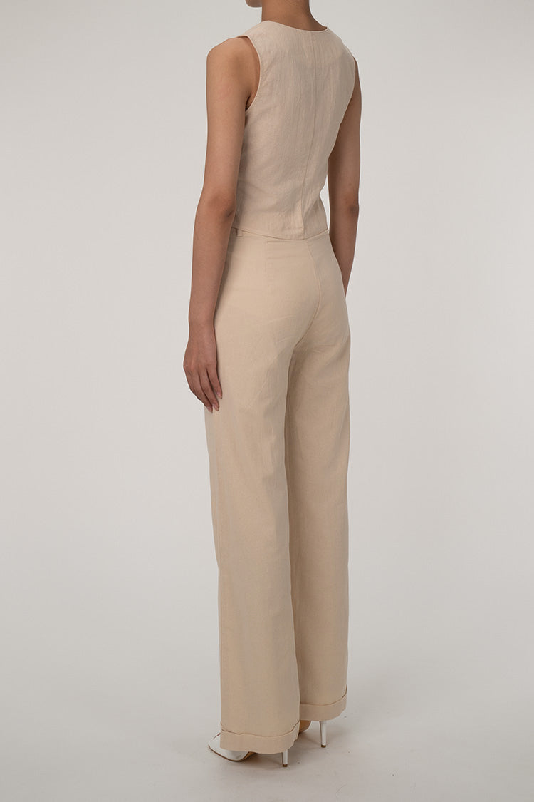 LD | Casual V-hals knoop front gilet wijde pijp tweedelige katoen geplooide broek set