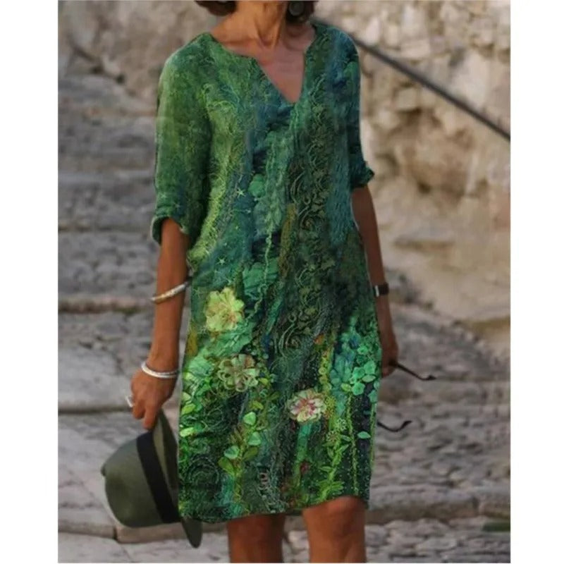 LD | Midi-jurk met V-hals en bloemenpatroon