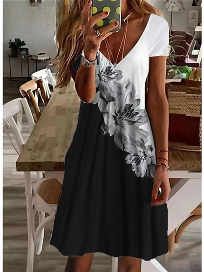 LD Women's Sundress Midi Dress Short Sleeve Floral Print Summer Casual V Neck Loose Dresses Plus Size 2024 Dameskleding Vestidos
