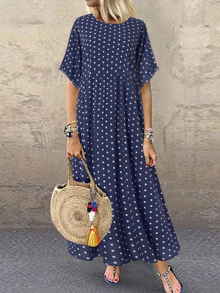 LD | Polka Dot Dames Midi Dress Bohemian Vakantie Korte Mouw O-Neck Lange Robe Vintage Los Casual A-lijn Vestidos Zomer