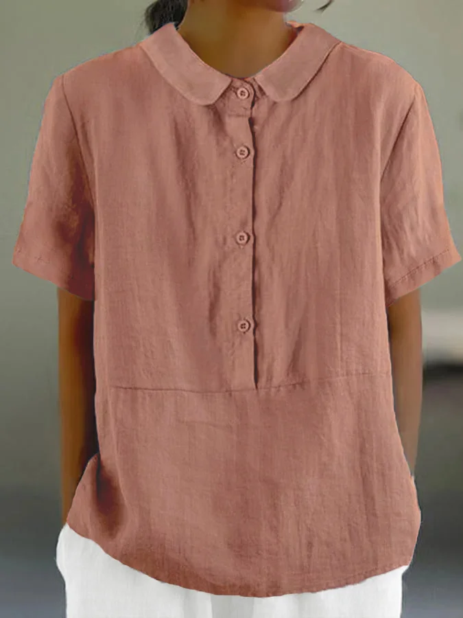 LD | Santorini - Effen casual damesshirt met ronde hals en knoopjes.