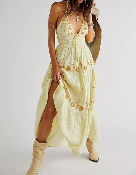 LD Bohème geborduurde maxi jurk