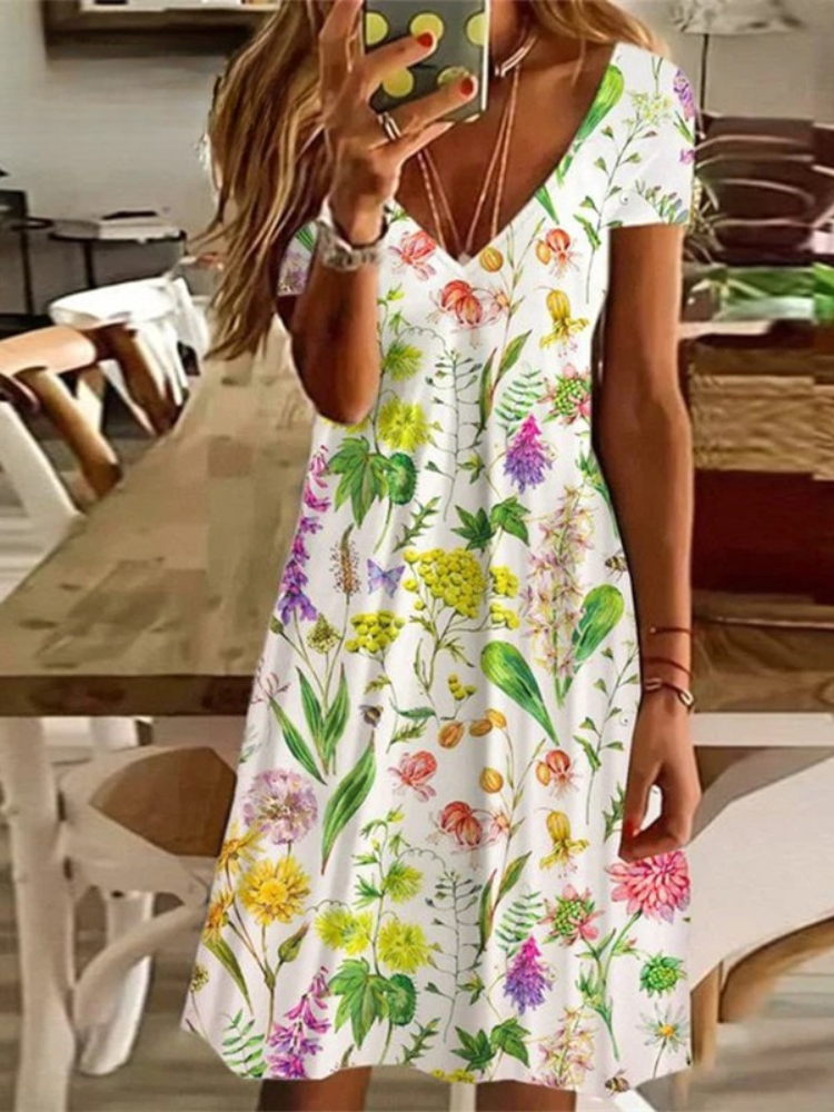 LD Women's Sundress Midi Dress Short Sleeve Floral Print Summer Casual V Neck Loose Dresses Plus Size 2024 Dameskleding Vestidos