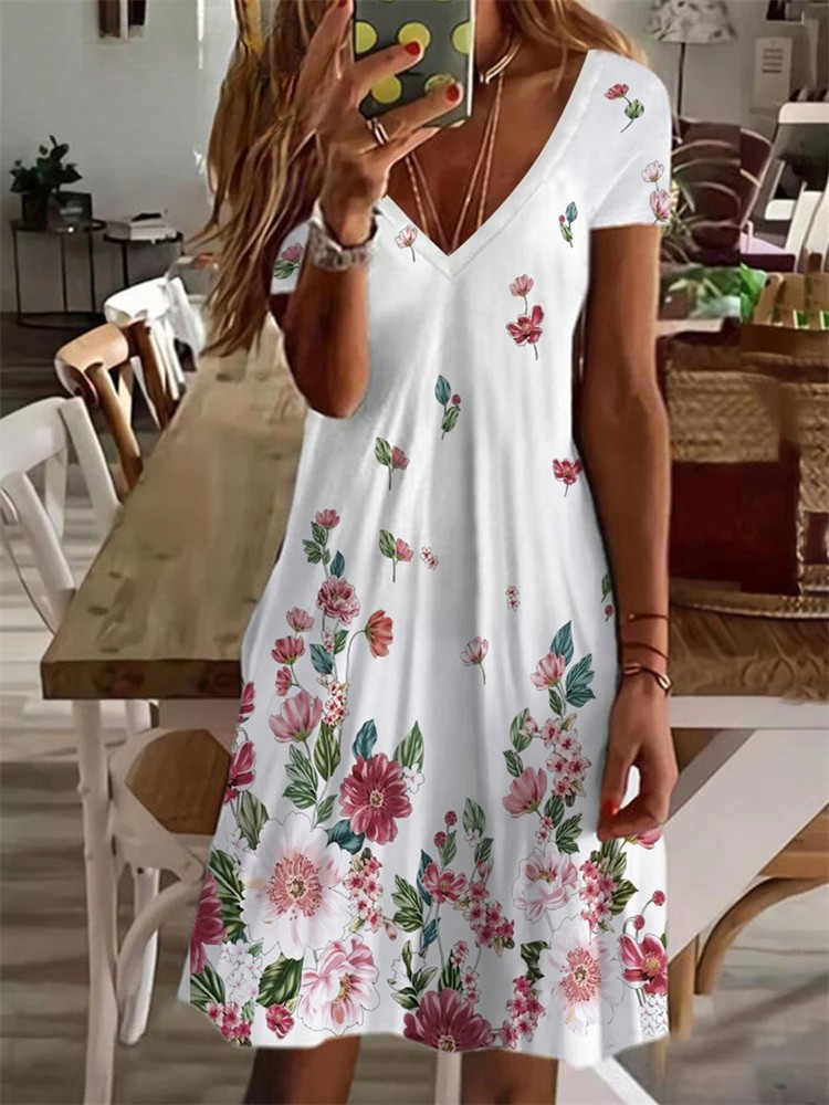 LD Women's Sundress Midi Dress Short Sleeve Floral Print Summer Casual V Neck Loose Dresses Plus Size 2024 Dameskleding Vestidos