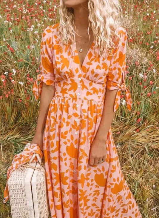 LD | Maxi jurk met bloemen V-hals