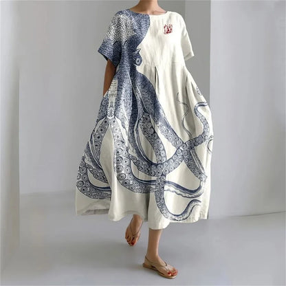 LD | Plus-Size Loose Fit Zomerjurk met Zak & O-Hals Elegante Zomer Maxi Dress