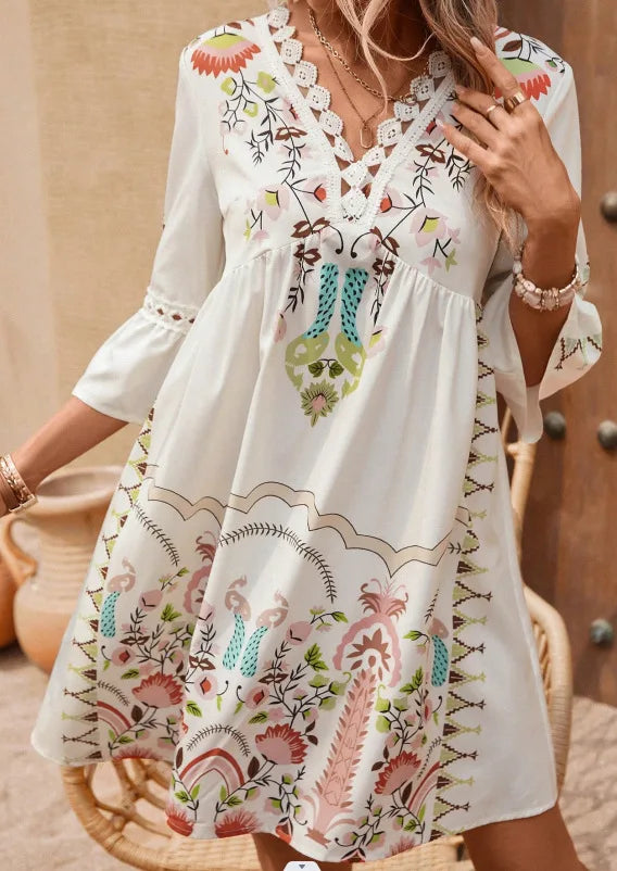 LD 2025 Dames Jurk Zomervakantie V-Hals Lange Mouwen Bloemen Print Strand Feest Jurken Sexy Mini Kleding Voor Vrouwen Vestidos