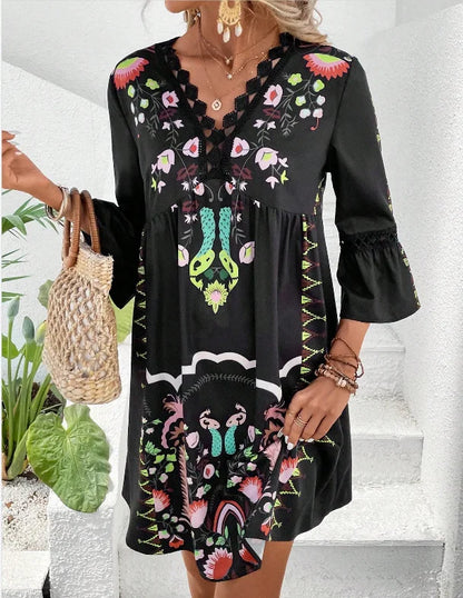 LD 2025 Dames Jurk Zomervakantie V-Hals Lange Mouwen Bloemen Print Strand Feest Jurken Sexy Mini Kleding Voor Vrouwen Vestidos