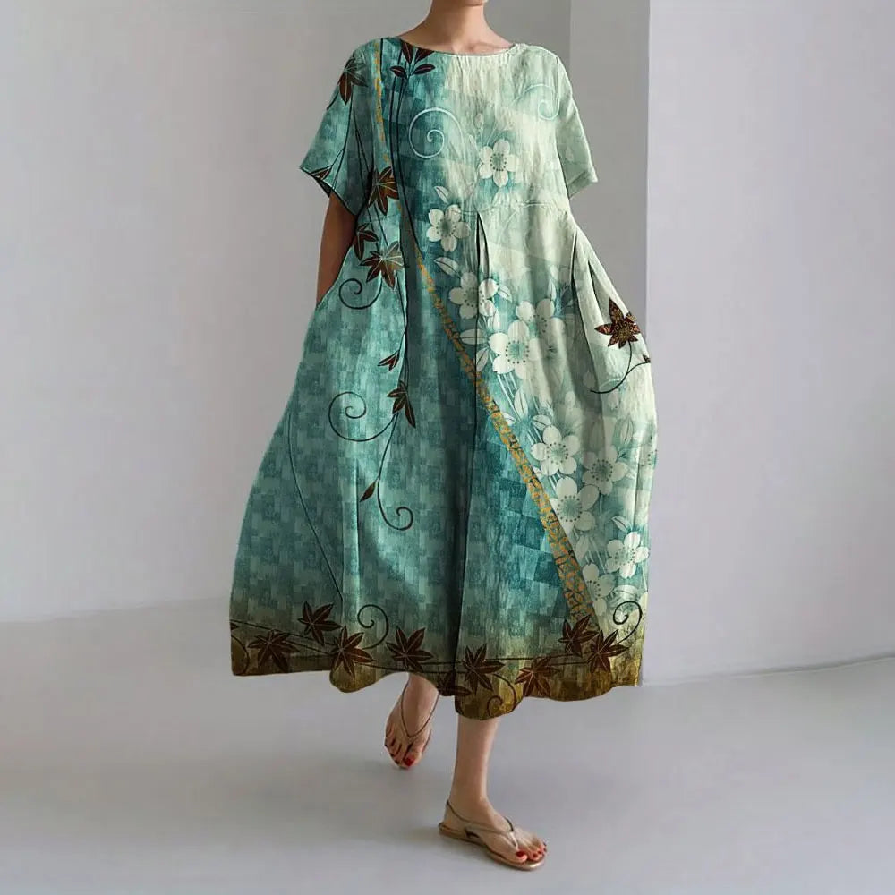 LD | Plus-Size Loose Fit Zomerjurk met Zak & O-Hals Elegante Zomer Maxi Dress