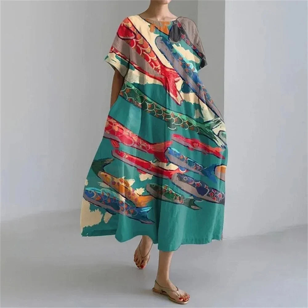 LD | Plus-Size Loose Fit Zomerjurk met Zak & O-Hals Elegante Zomer Maxi Dress