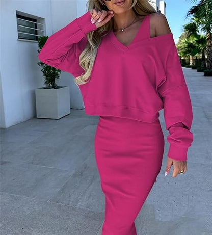 LD | Trui met losse V-hals + gebreide wikkelrok met slanke pasvorm op de heupen