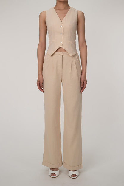 LD | Casual V-hals knoop front gilet wijde pijp tweedelige katoen geplooide broek set